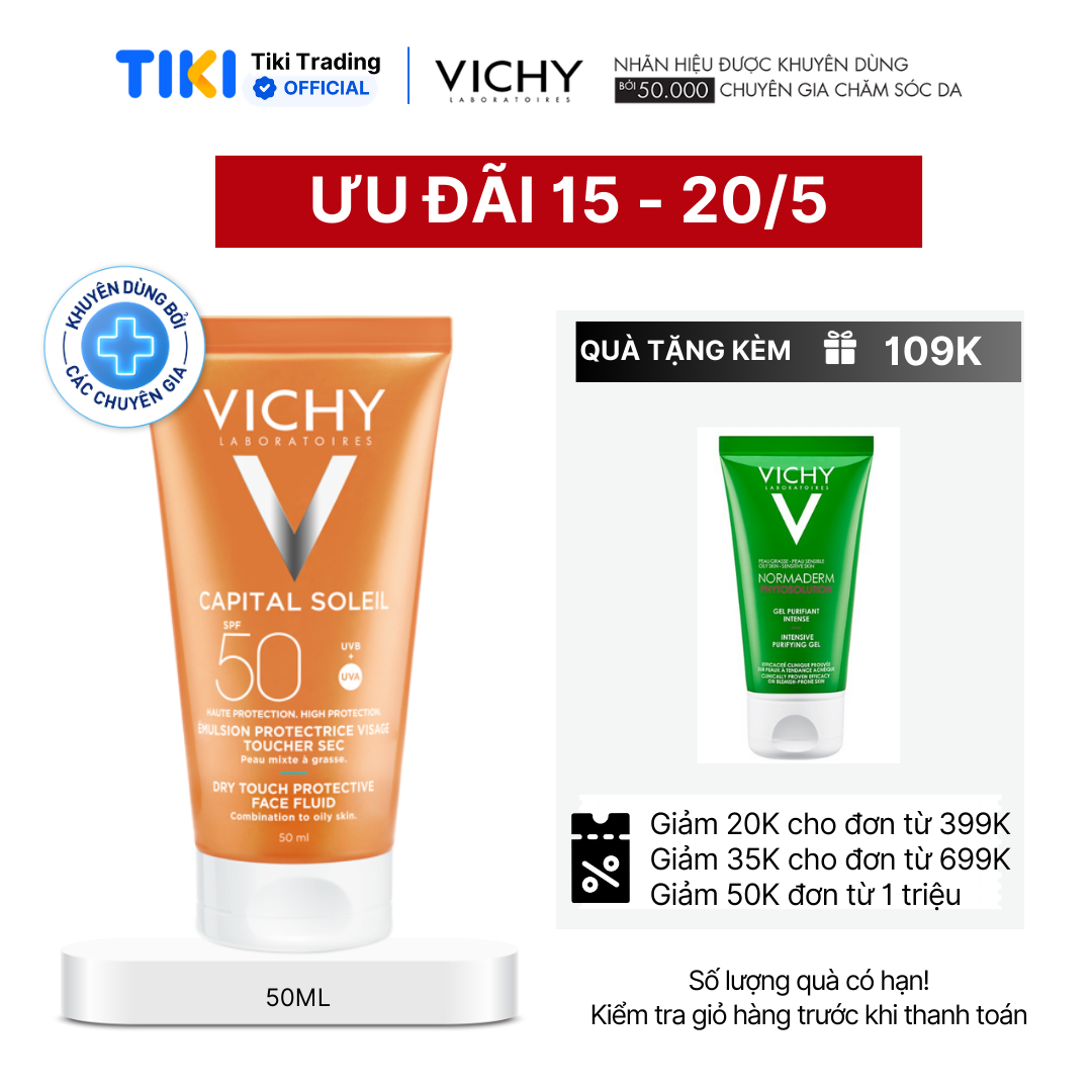 Kem chống nắng SPF 50 UVA+UVB Vichy Capital Soleil Mattifying Dry Touch Face Fluid 50ml