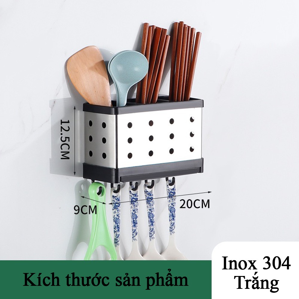 Đựng Đũa Muỗng Inox 304 3 Ngăn Có Khay Hứng Nước - Kèm Móc Treo Đồ Đa Năng