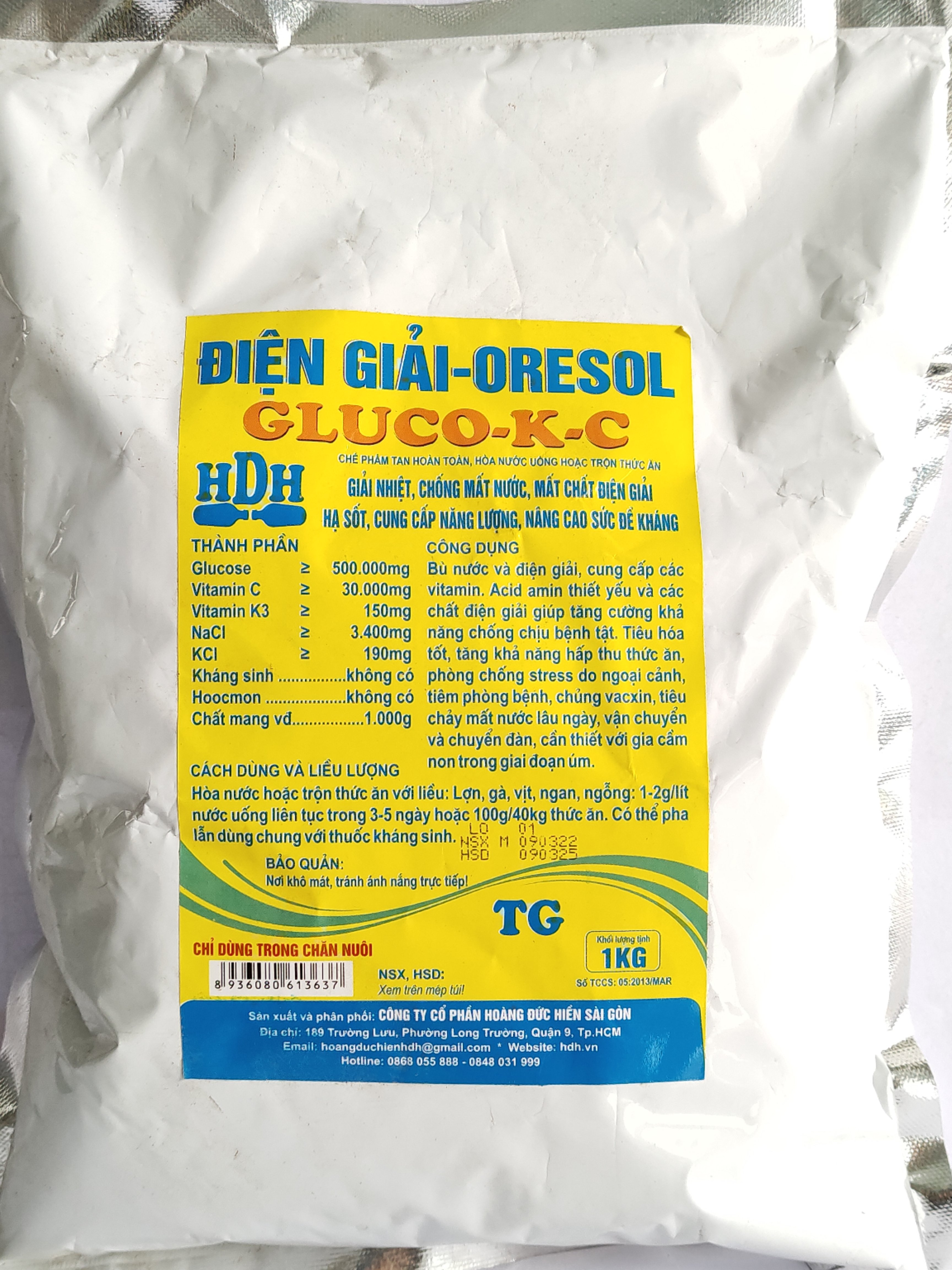 HDH ĐIỆN GIẢI ORESOL GLUCO KC 1KG chế phẩm tan hoàn toàn hoà nước uống hoặc trộn thức ăn giải nhiệt, chống mất nước, mất chất điện giải, hạ sốt, cũng cấp năng lượng