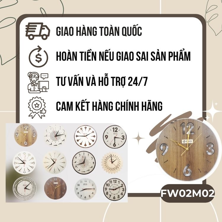 Đồng Hồ Treo Tường Kim Trôi Decor Trang Trí Bằng Gỗ, Thương Hiệu FIVO Mẫu FW02, Thiết Kế Sang Trọng Tặng Kèm Pin Và Móc Treo Tường.