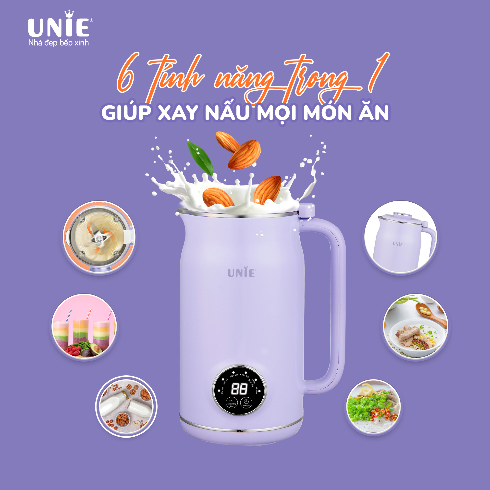 Máy Làm Sữa Hạt Mini UNIE UMB06 Tiêu Chuẩn Đức, Gồm 5 Chức Năng, Dung Tích 0.6 Lít, Công Suất 600W - Hàng Chính Hãng 