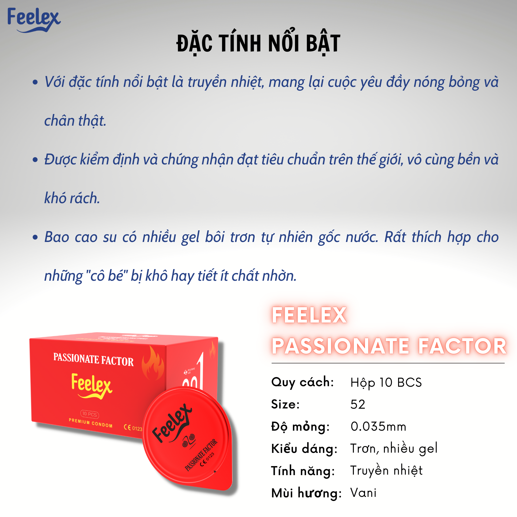 Hình ảnh Bao cao su Feelex Passionate Factor siêu mỏng, tính năng truyền nhiệt độc đáo, cảm giác chân thực