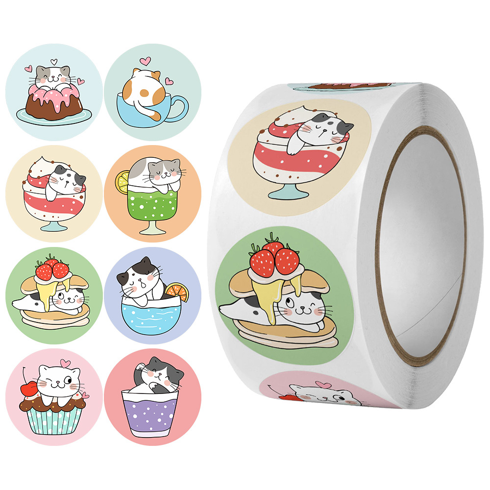 Cuộn 500 tem dán sticker chú mèo Kem size 2.5cm có keo dính