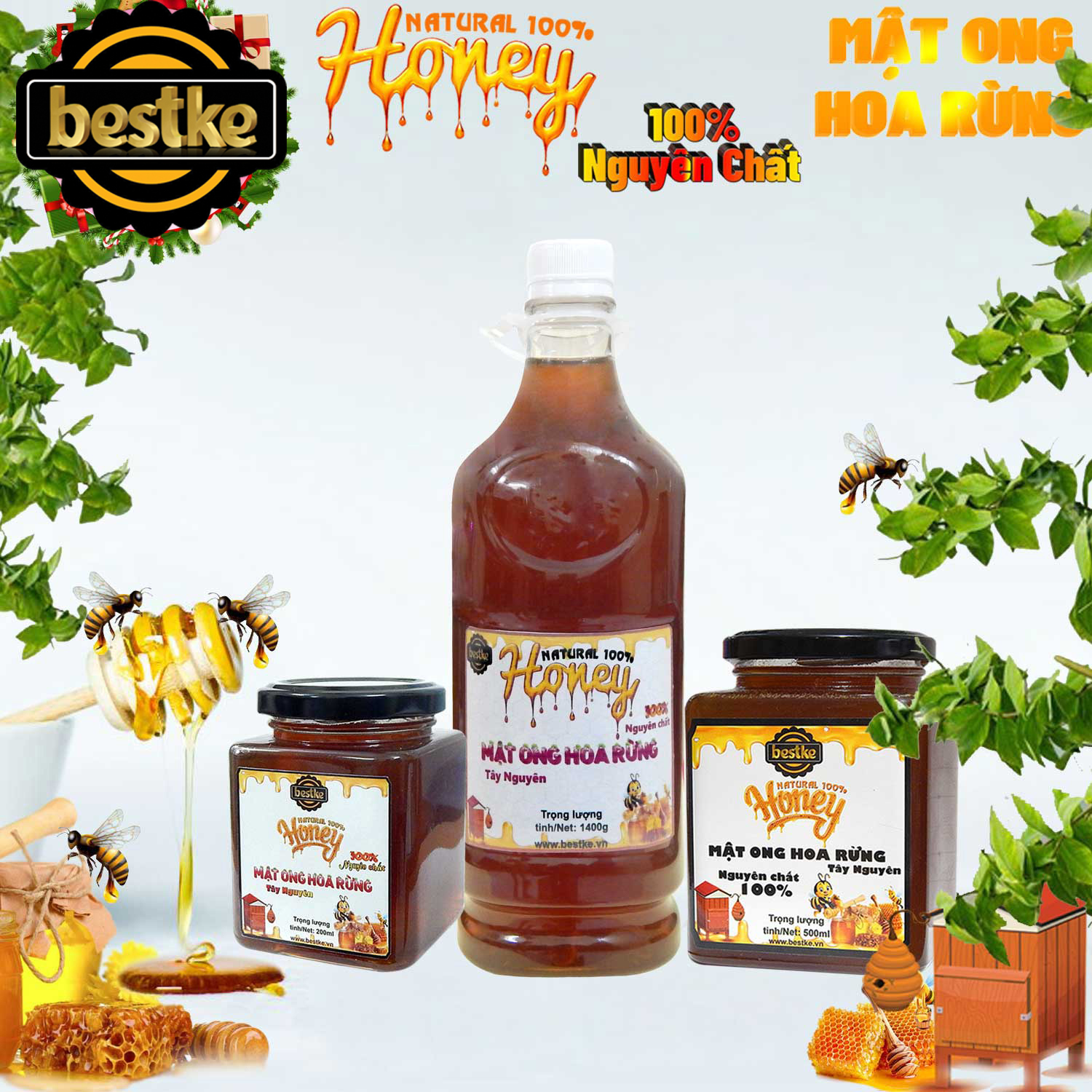 bestke mật ong hoa rừng nguyên chất 100%, combo 5 hũ, mỗi hũ 200ml, honey natural bestke
