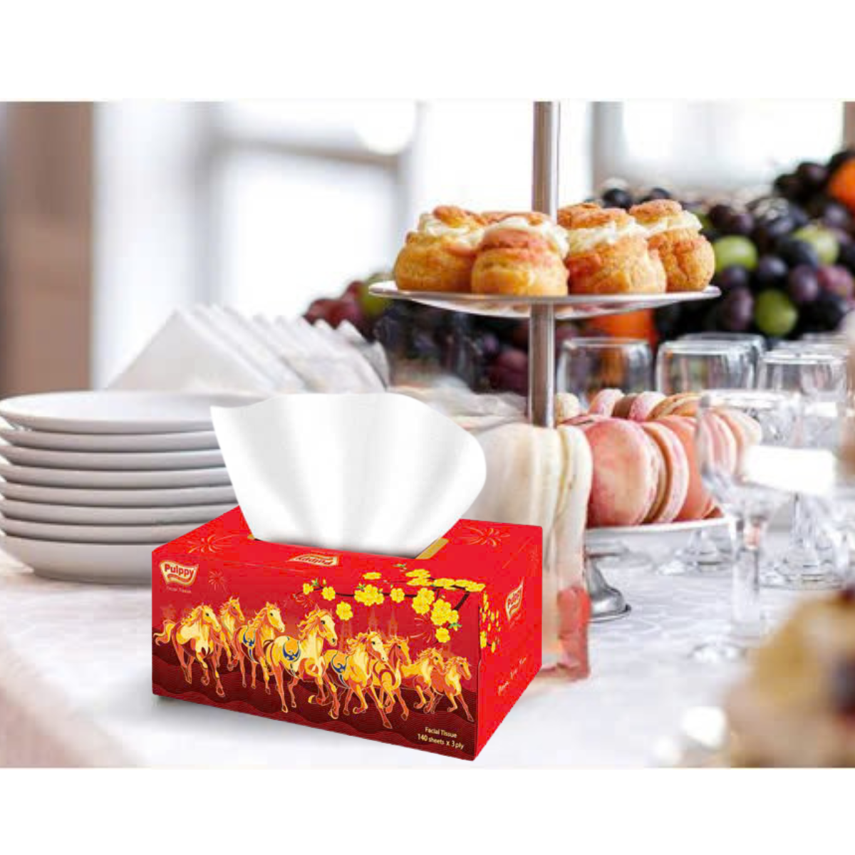 [Mua 3 Hộp Tặng Silicon Rửa Mặt] Pulppy Hộp Khăn Giấy Tết Bính Ngọ 3 Lớp Siêu Dày Dai Đỏ May Mắn 2026