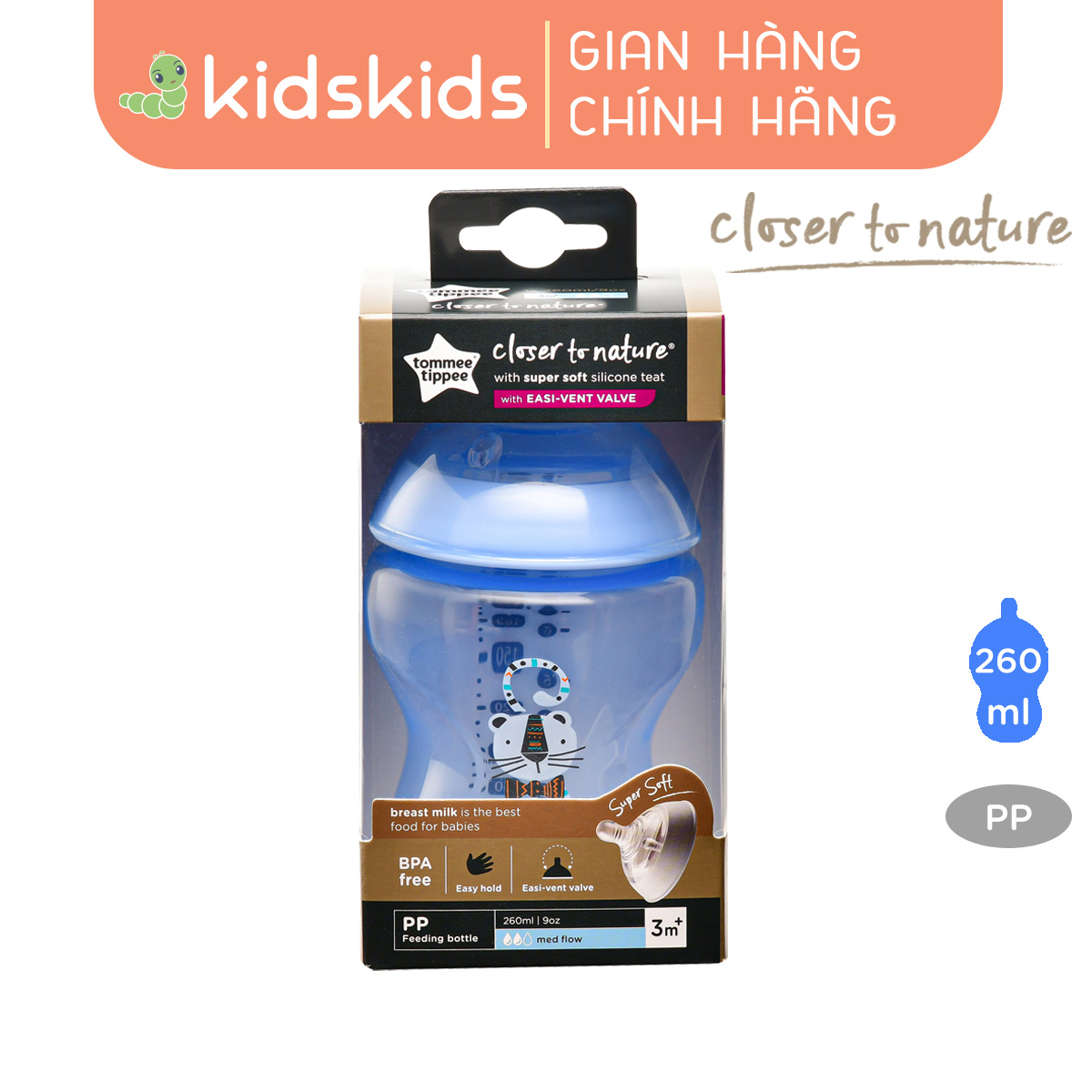 Bình sữa ty siêu mềm tự nhiên Tommee Tippee Closer to Nature 260ml, núm ty đi kèm 3-6 tháng - Xanh dương