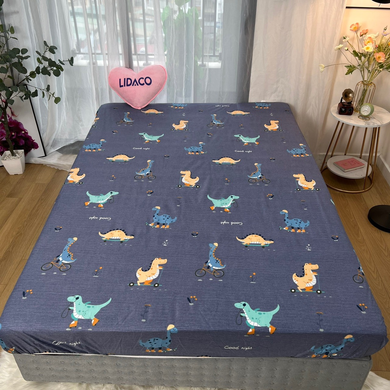 Ga Chống Thấm Cotton Lidaco Cao Cấp - Khủng Long Ghi - 1M6X2Mxdưới12Cm