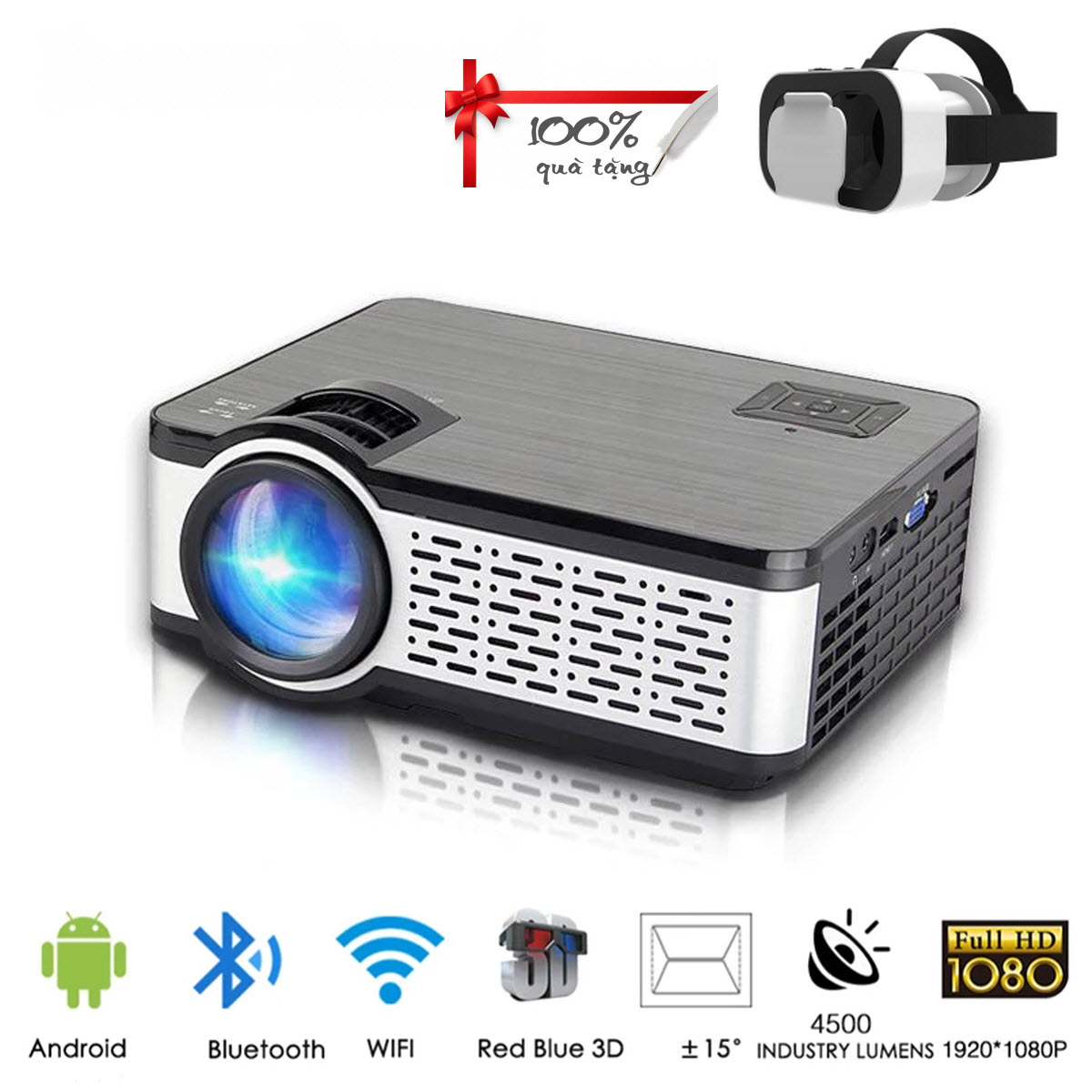 Máy Chiếu Siêu Nét W5 Projector Hỗ Trợ Độ Phân Giải 1080P Độ Sáng 4000Lumens Kết Nối Bluetooth 4.0, Wifi,USB/HDMI * 2/AV/VGA/SD Kèm Kính Thực Tế Ảo Vr Box (Màu Giao Ngẫu Nhiên)