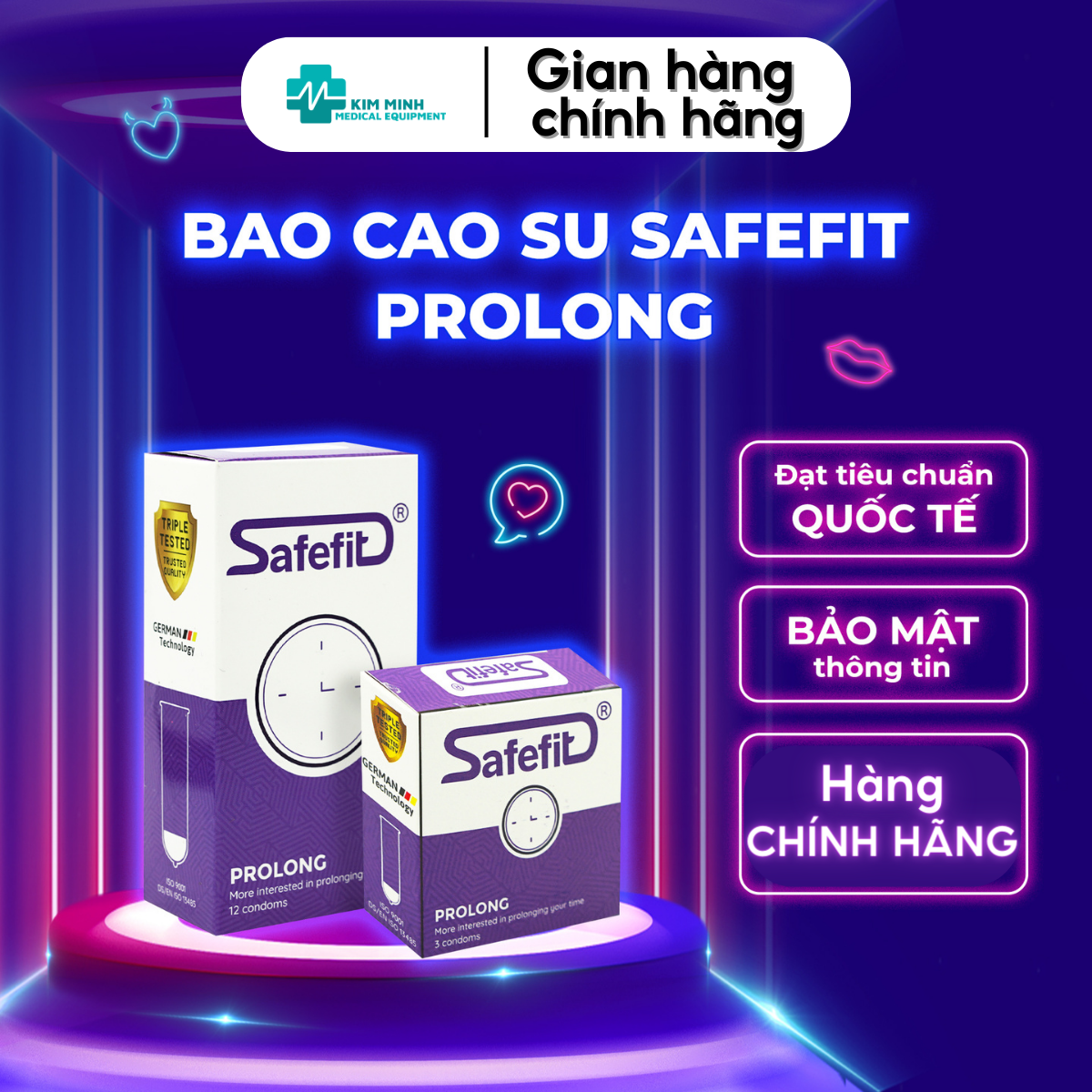 Bao cao su Safefit Prolong trơn, mỏng, bcs kéo dài thời gian hộp 3, 12 chiếc