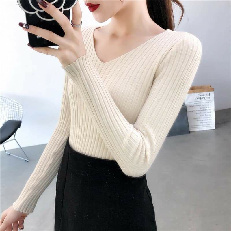 Áo len cổ tim dài tay