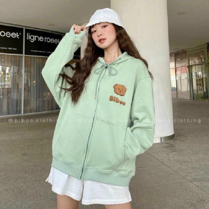 Áo khoác hoodie nữ nỉ ngoại có dây kéo thêu Biboo gấu - Form Nữ Unisex mặc siêu xinh