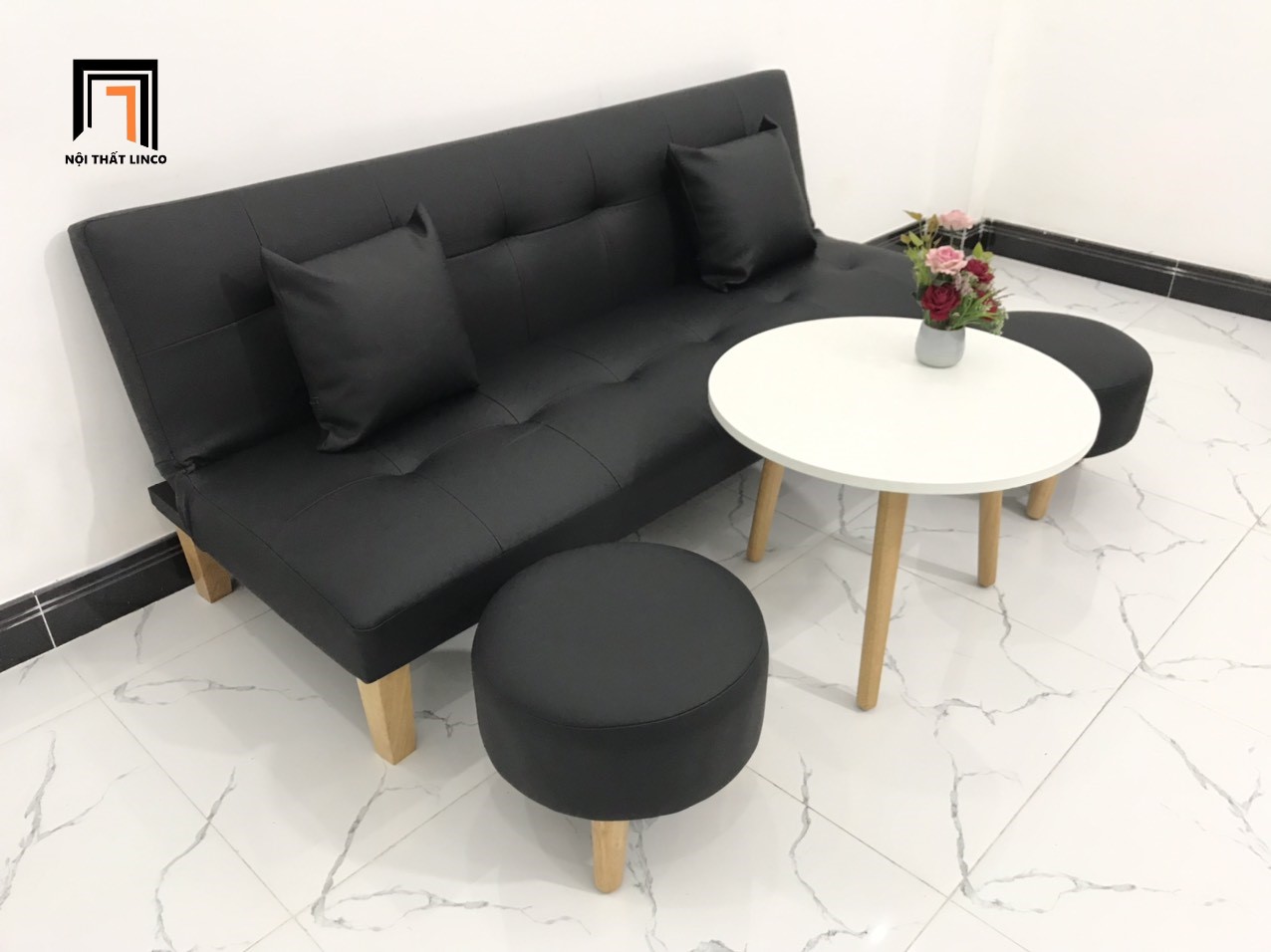 Bộ ghế sofa giường đa năng màu đen simili giả da nhiều kích cỡ