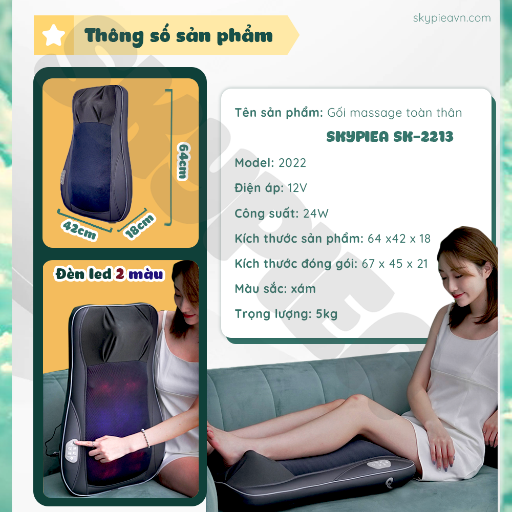 Gối massage hồng ngoại - SKYPIEA - model 2022 SK-2213 - đầu mát-xa cải tiển, con lăn 4D - đệm massage toàn thân