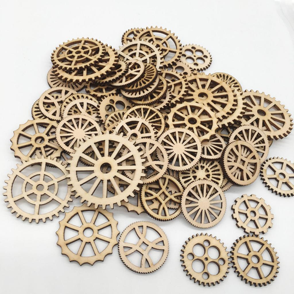 100pcs Mixed Unfinished Blank Wood Wooden Gear Embellishments for DIY Crafts