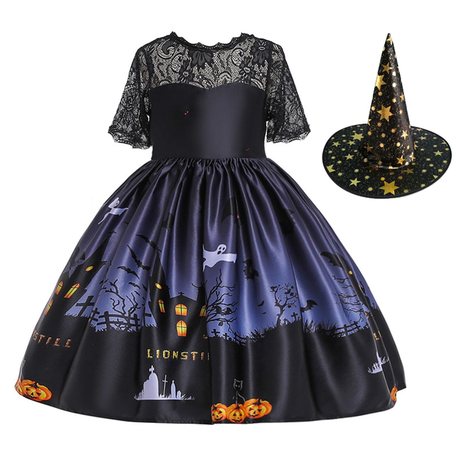 Girl Witch Halloween Costume Dress Cosplay Fancy Dress Pumpkin Printed with Witch Hats Toddler Dresses for Carnival Dress up Birthday Party