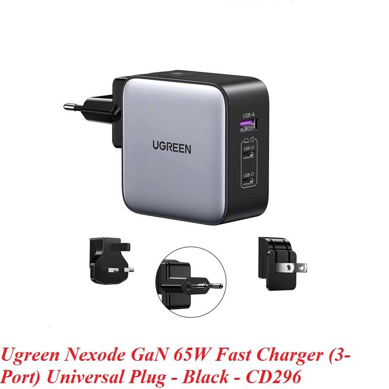 Ugreen UG90409CD296TK 65W Bộ sạc nhanh Nexode GaN 2 cổng USB Type-C + USB-A Màu Đen kèm 3 chuẩn cắm US EU UK - HÀNG CHÍNH HÃNG