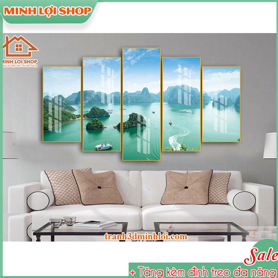 Tranh tráng gương pha lê PHONG CẢNH 5 tấm trang trí phòng khách hiện đại TẶNG KÈM ĐINH TREO 5T017