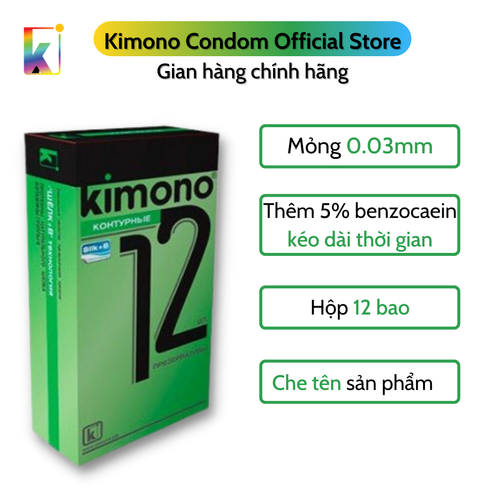 Bao cao su Kimono Green Siêu mỏng 0.03mm - Kéo dài thời gian - Hộp 12 bao