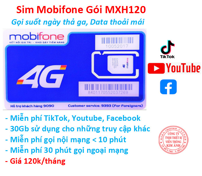 Sim Mobifone 4G gói MXH120, miễn phí 30GB, data mạng xã hội và gọi, Hàng chính hãng