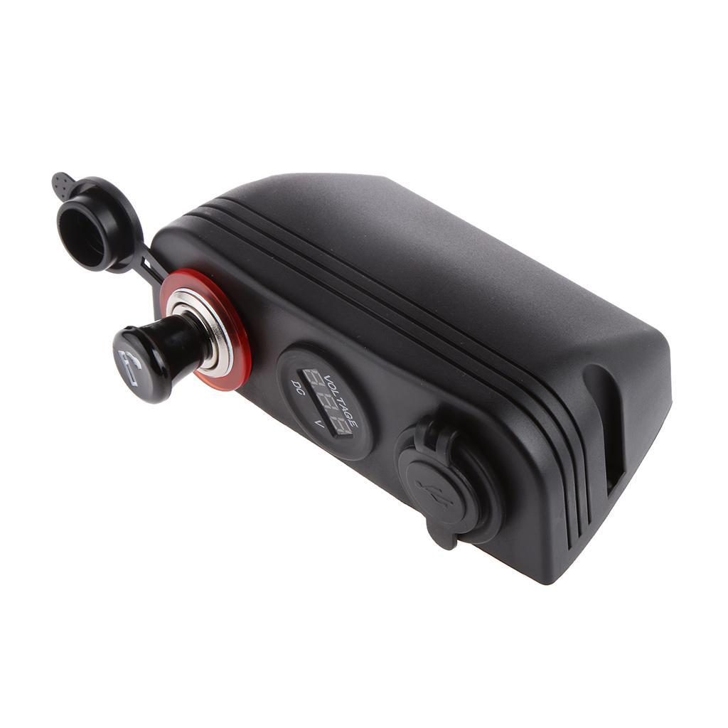 Dual USB Car Charger Socket + Cigarette Lighter + Red LED Digital Voltmeter