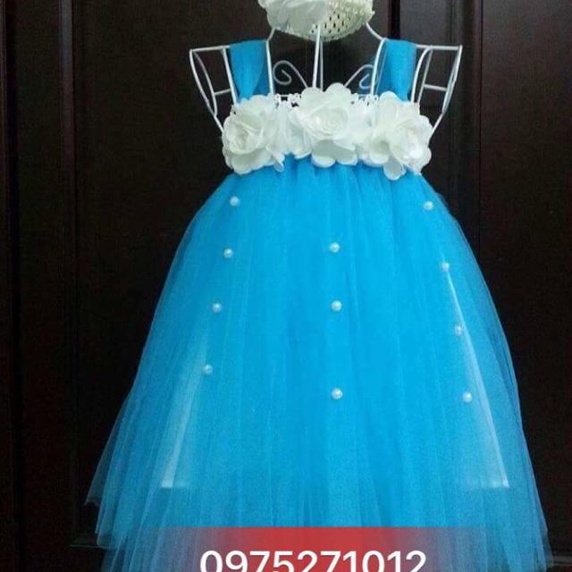 Đầm công chúa ️️ Đầm xanh trời hoa hồng trắng đính đá cho bé gái 0 đến 6 tuổi