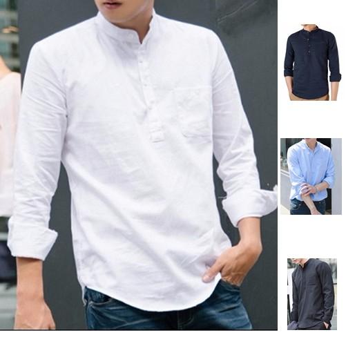 Áo sơ mi nam cổ trụ dài tay  vải cotton màu xanh
