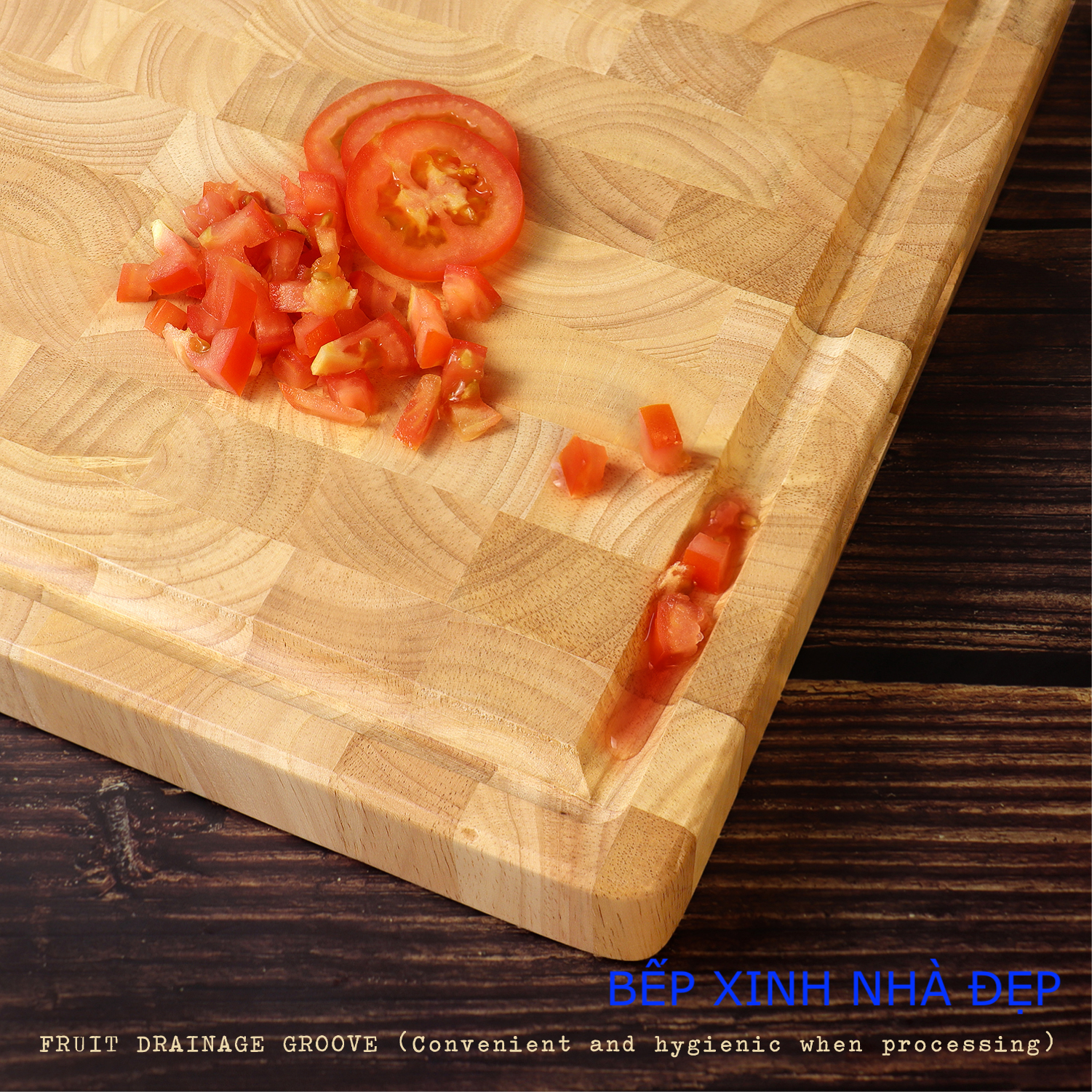 THỚT SỚ LẬT GỖ CAO SU TO VÀ DÀY, KT 41x31x3.8cm, CÓ RÃNH THU NƯỚC & GOM THÀNH PHẨM VÀ LỖ TAY CẦM 2 BÊN