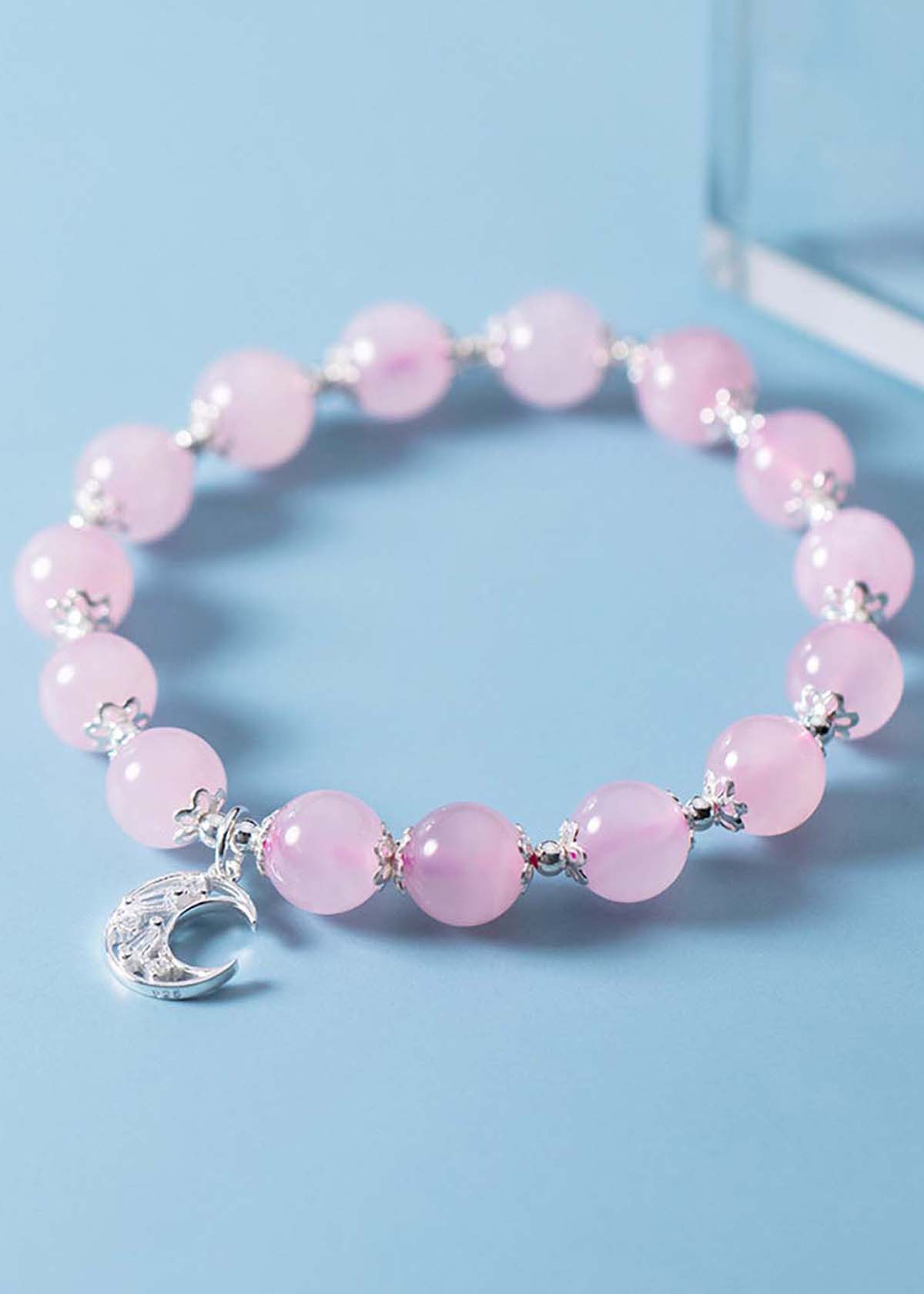 Vòng tay đá thạch anh hồng charm mặt trăng mệnh hỏa, thổ - Ngọc Quý Gemstones