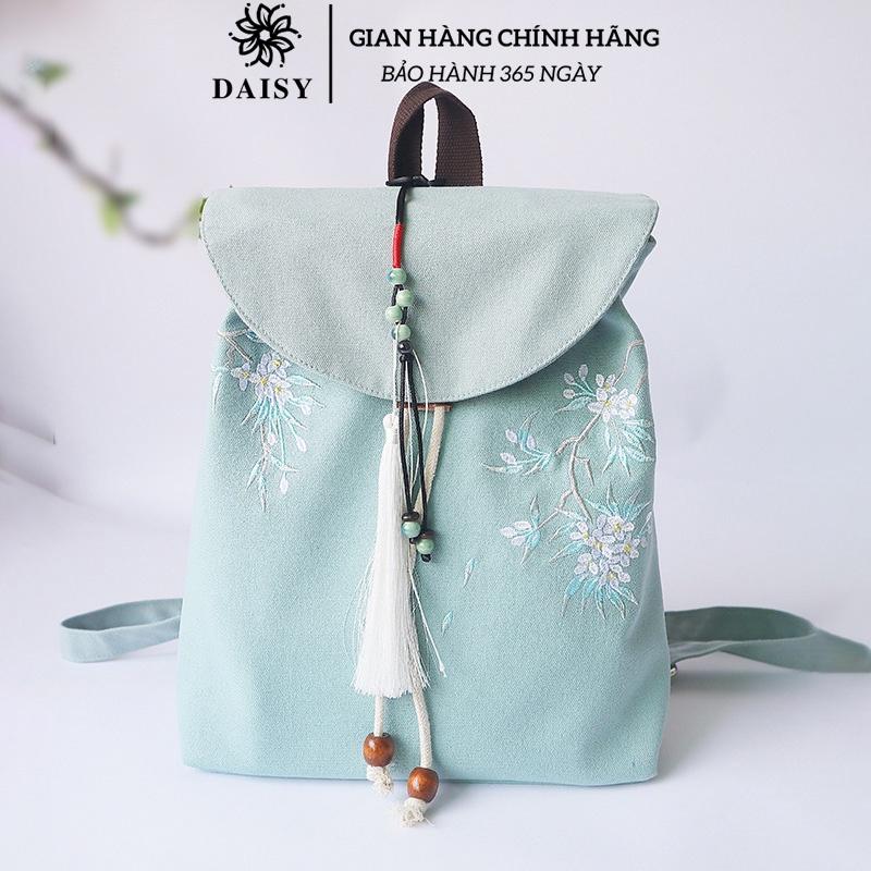 Balo vải thêu hình hoa cặp sách đựng nhiều đồ thời trang phong cách cô gái Trung Hoa họa tiết thêu tay nhẹ nhàng Daisy
