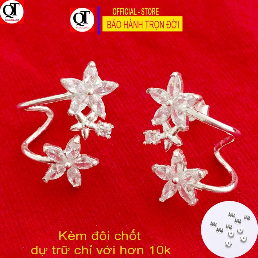 Khuyên tai hoa Mai cánh gắn đá hạt thóc thời trang chất liệu bạc ta chốt đeo sát tai trang sức Bạc Quang Thản - QTBT141