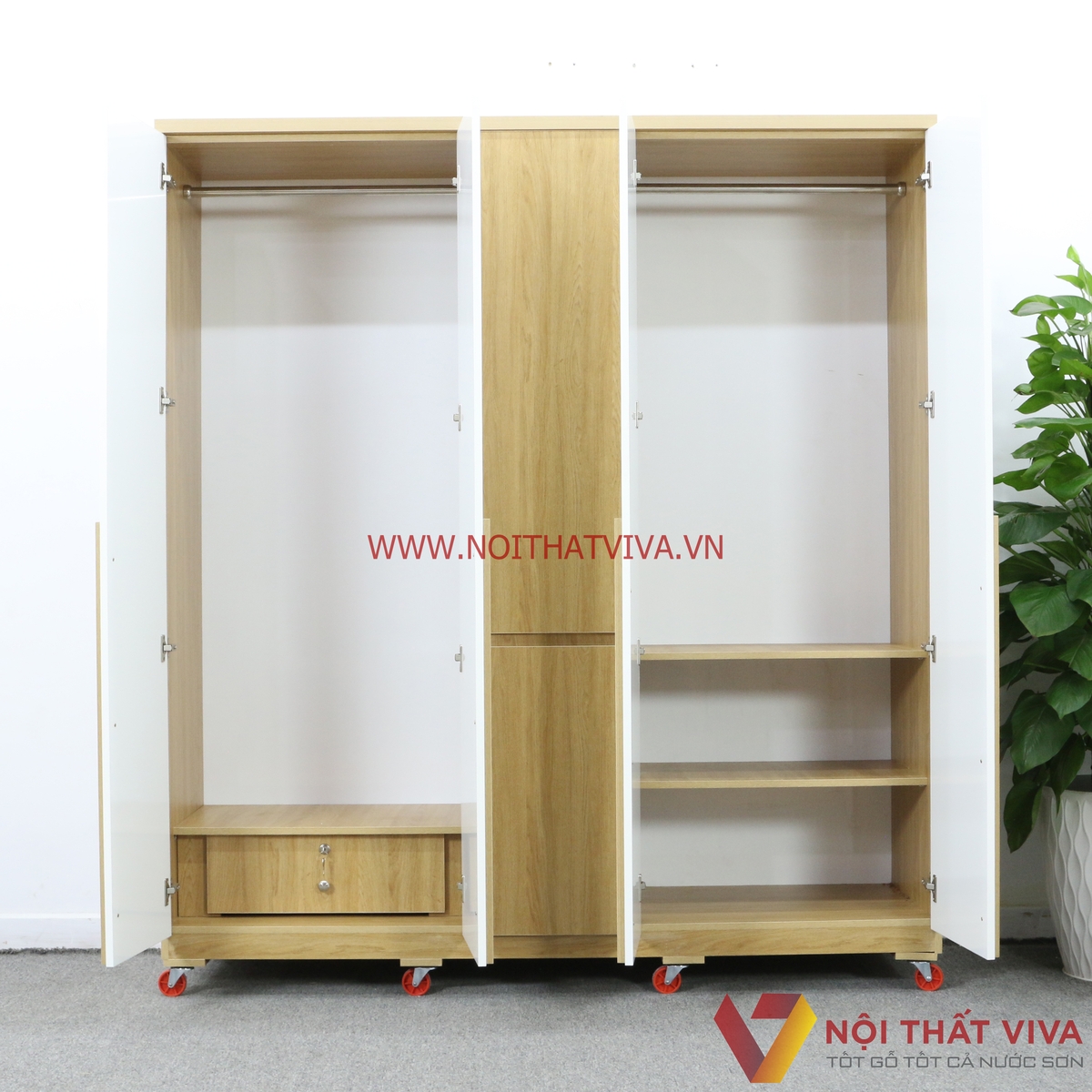 Tủ Quần Áo Gỗ MDF Melamine 5 Cánh Màu Vàng Phối Trắng Đẹp Sang Trọng