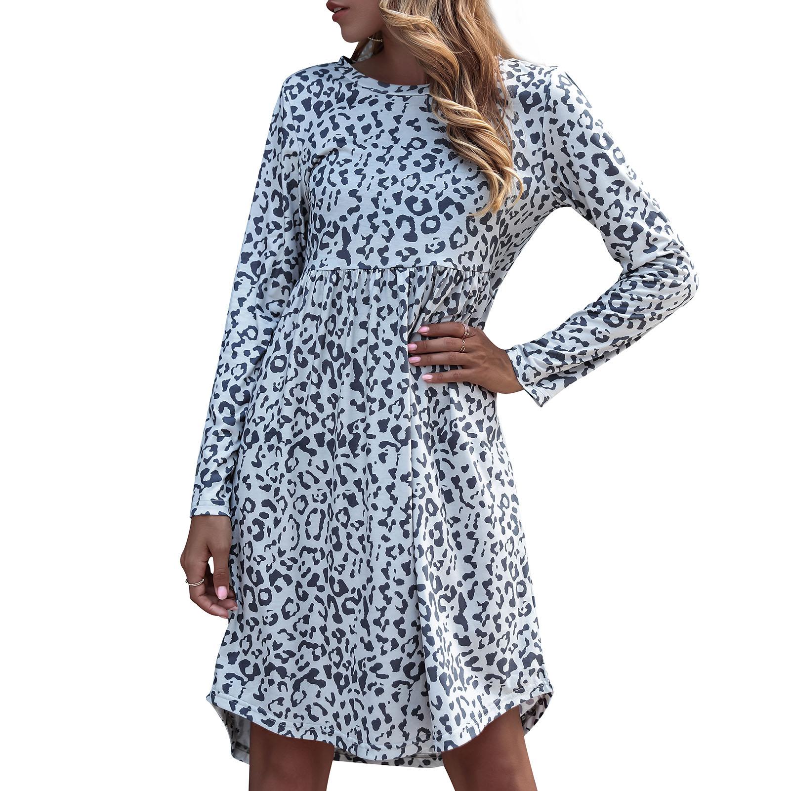 Women Leopard Print Dress Long Sleeve High Waist O Neck Casual Dress