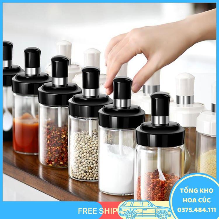 Lọ Đựng Gia Vị, Dầu Ăn, Nước Chấm Bằng Thủy Tinh Trong Suốt Kèm Muỗng Tiện Lợi - Vận Chuyển Miễn Phí Toàn Quốc