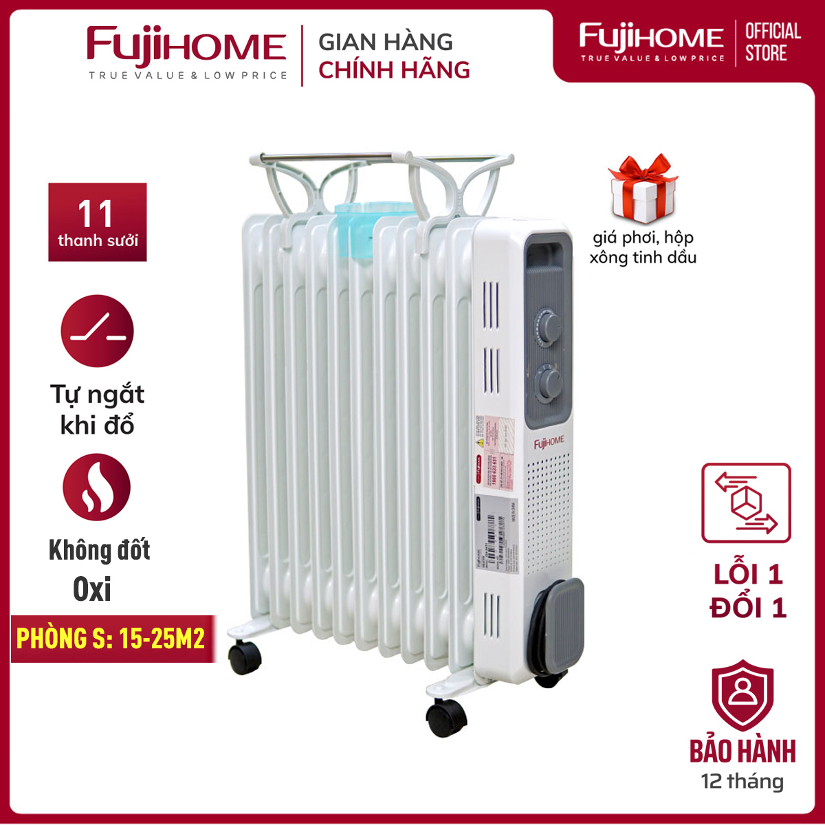 Máy sưởi dầu không khô da Nhật Bản nhập khẩu FUJIHOME OH8411 11 thanh , máy sưởi ấm điện không đốt oxi, tự động ngắt mini - Hàng chính hãng