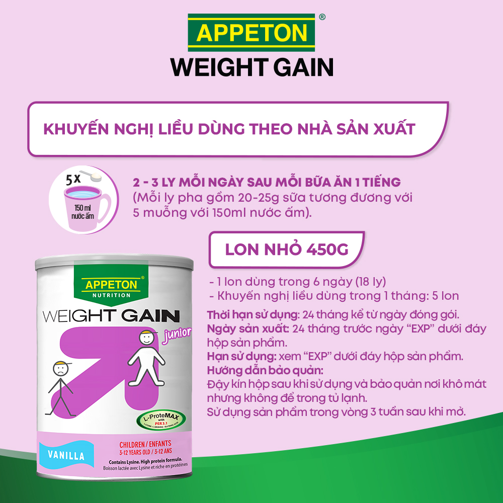 Thùng Sữa Tăng Cân cho Trẻ Em Appeton Weight Gain Junior hương Vanila 450g - 12 Lon