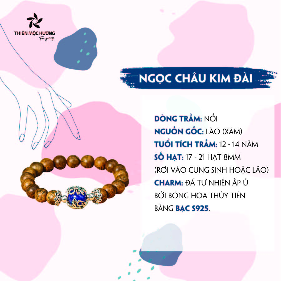 Vòng tay Trầm Hương Ngọc Châu Kim Đài - May mắn tình duyên - Charm bạc 925 và Đá Phong Thủy - Trầm Tốc Lào - Thiên Mộc Hương