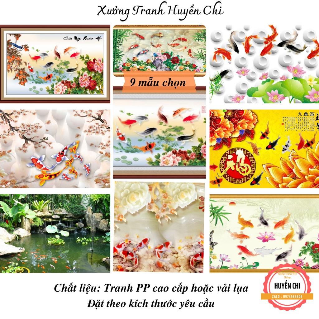 Tranh dán tường 3d trang trí phòng khách, tranh dán Cửu Ngư Hoa Sen, tranh Cá- Huyền Chi-Đặt theo kích thước yêu cầu
