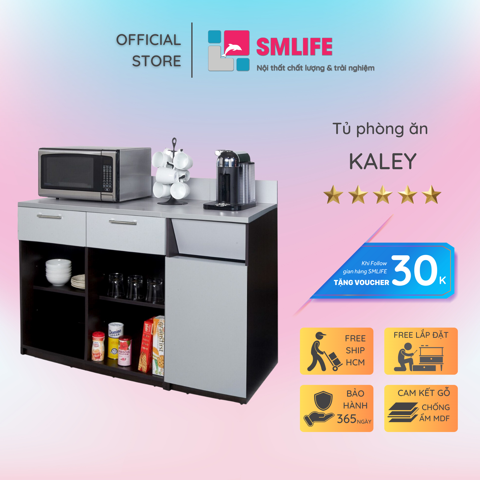 Kệ gỗ nhà bếp hiện đại SMLIFE Kaley | Gỗ MDF dày 17mm chống ẩm | D135xR60xC137cm