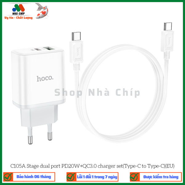 Bộ sạc nhanh kèm cáp Hoco C105A Stage dual port PD20W+QC3.0 phích cắm EU - Hàng chính hãng