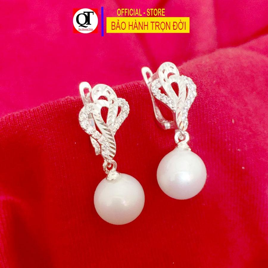 Khuyên tai nữ ngọc chất liệu bạc ta chốt đeo sát tai gắn đá cao cấp trang sức Bạc Quang Thản - QTBT139