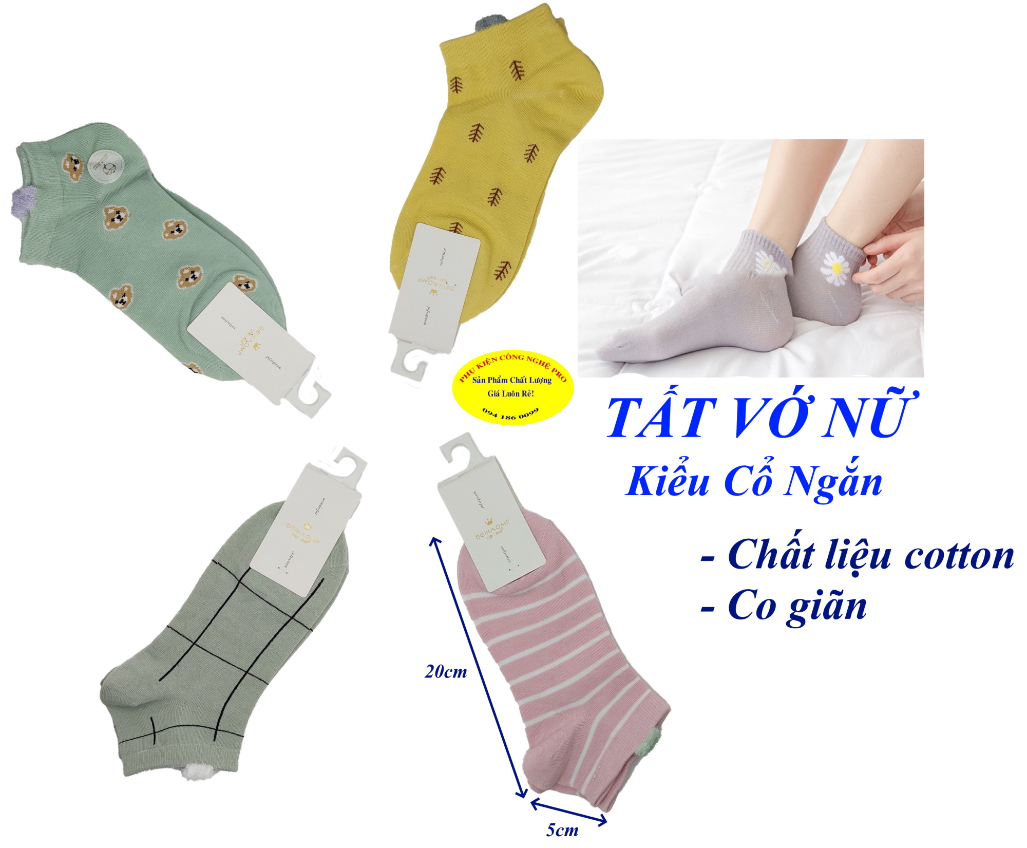 Tất vớ nữ Kiểu cổ ngắn Beihaomp Wonderful Collection In hình bất kỳ Chất liệu cotton co giãn, Mềm mại, Bảo vệ đôi chân