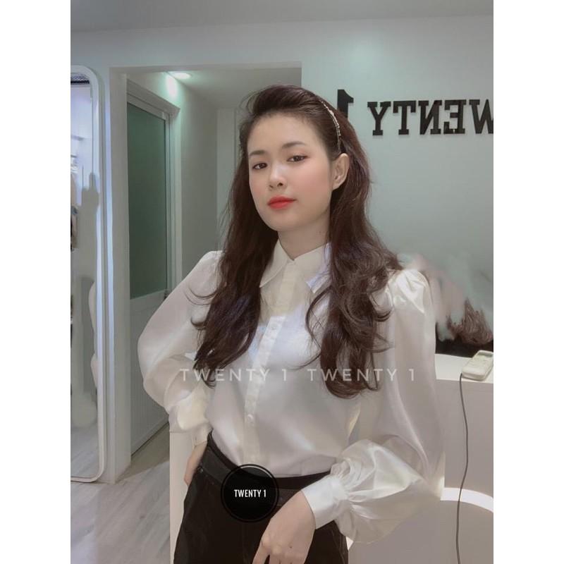Áo Sơ Mi Nữ Lụa Trắng Áo Dài Tay Công Sở Tay Bồng Cổ Bẻ