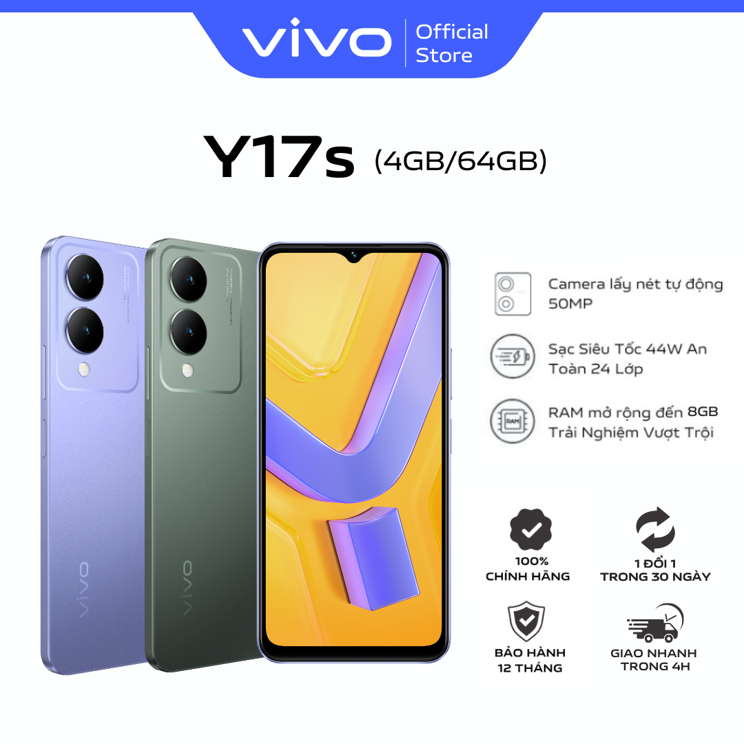 Điện thoại vivo Y17s (4GB/64GB) - Hàng chính hãng - 1 đổi 1 trong tháng đầu tiên - Bảo hành 12 tháng
