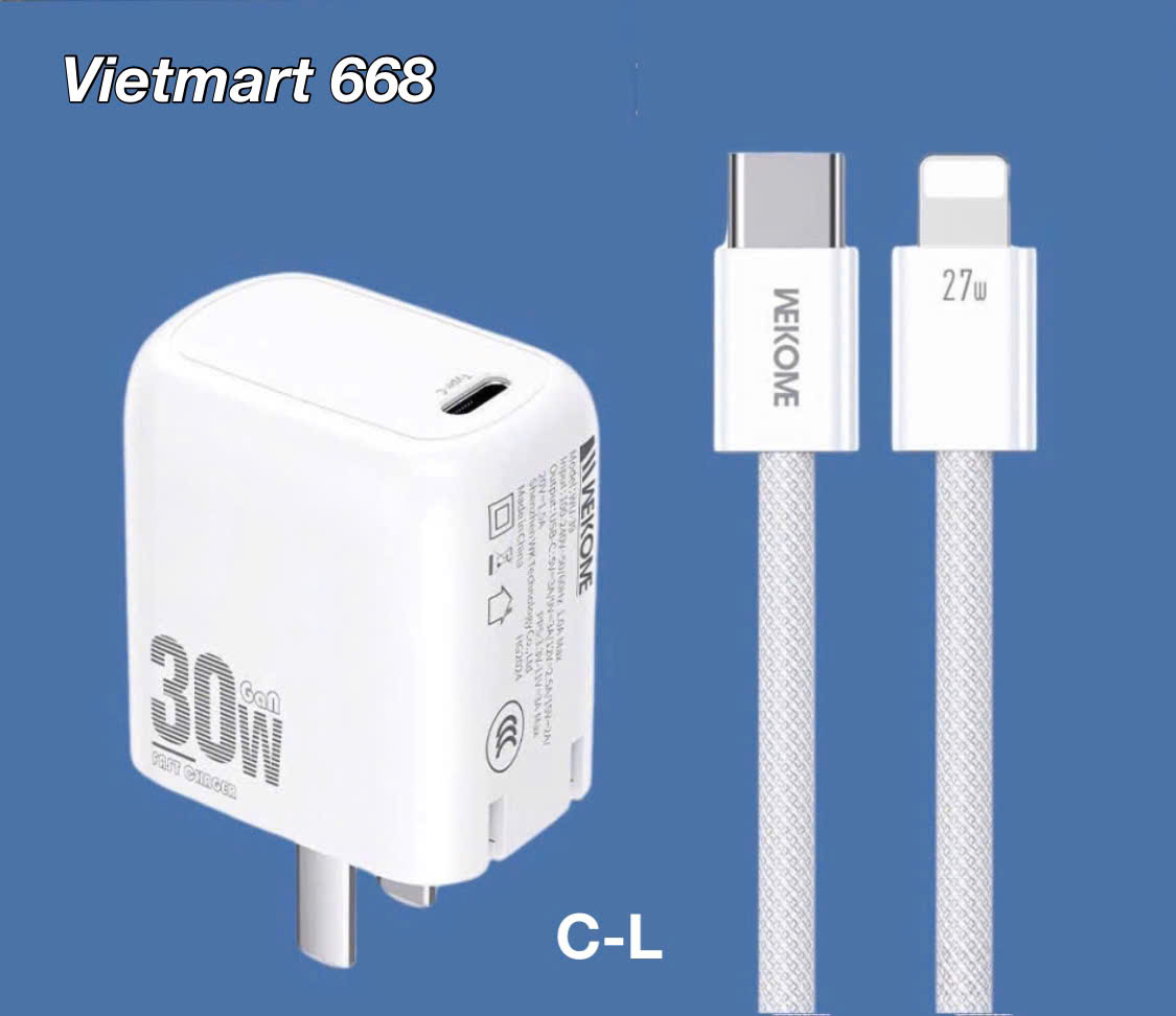 Bộ Sạc Nhanh 30W WeKome WU-39 Dành Cho iPh, SS - Kèm Cáp Sạc Bọc Dù Chắc Chắn - Hàng Chính Hãng