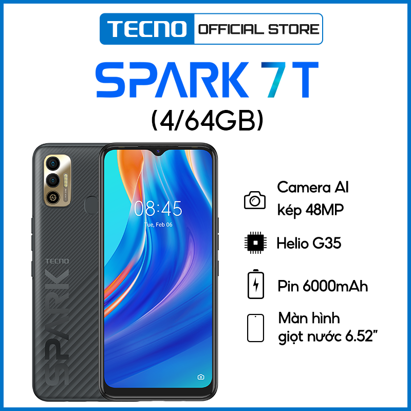 Điện Thoại TECNO Spark 7T (KF6P) 4GB/64GB - Camera 48MP | 6000 mAh | Helio G35 | Hàng Chính Hãng - Hàng Chính Hãng