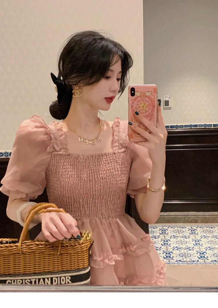 TOBE1SHOP Váy màu hồng nàng tiên Pháp ren Bouffant váy công chúa váy bánh váy lưới nàng tiên thắt lưng đầm