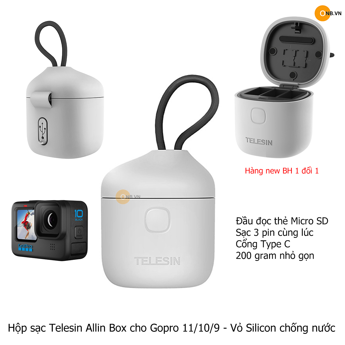 Hộp sạc Telesin Allin Box pin Gopro 11 10 vỏ silicon chống nước