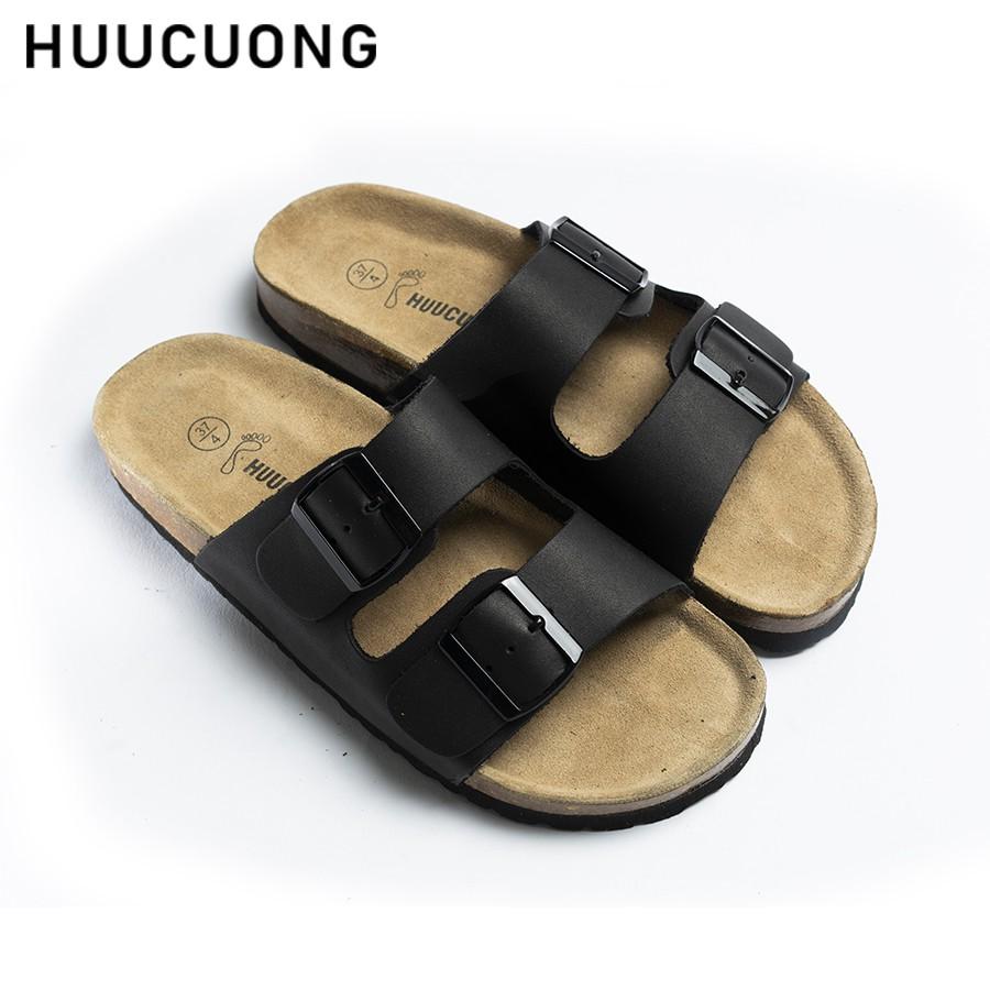 Dép unisex HuuCuong 2 khóa da bò đen đế trấu handmade