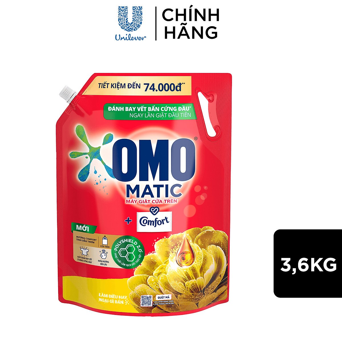 Nước giặt OMO Matic Comfort hương Tinh dầu thơm cho máy giặt cửa trên, xoáy bay vết bẩn, hương thơm bền lâu, túi 3.6kg