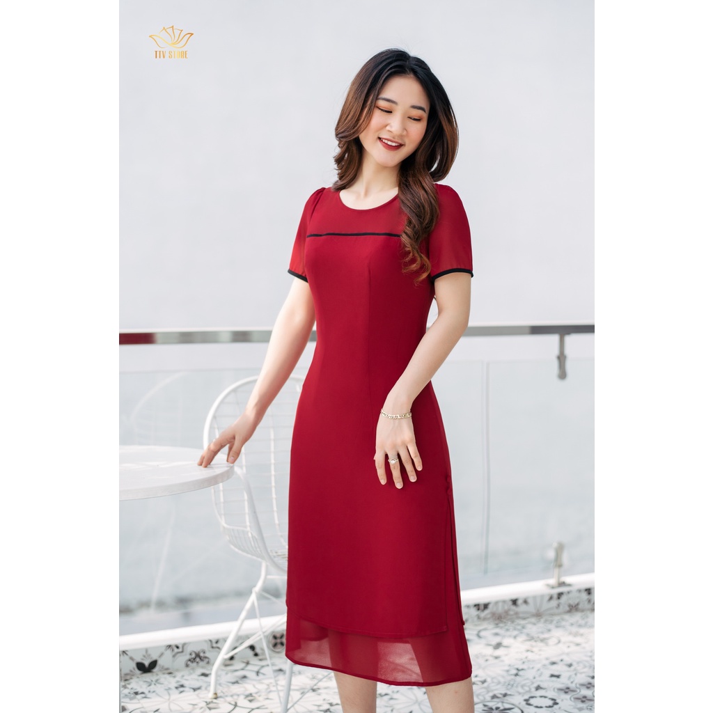 Đầm dự tiệc cách tân ao dài thiết kế cổ tròn phối viền - Đỏ đô - TTV784 TTV Store